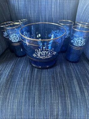 Set of 6 blown glass pontil cobalt blue gilt edge highball glasses and ice bowl